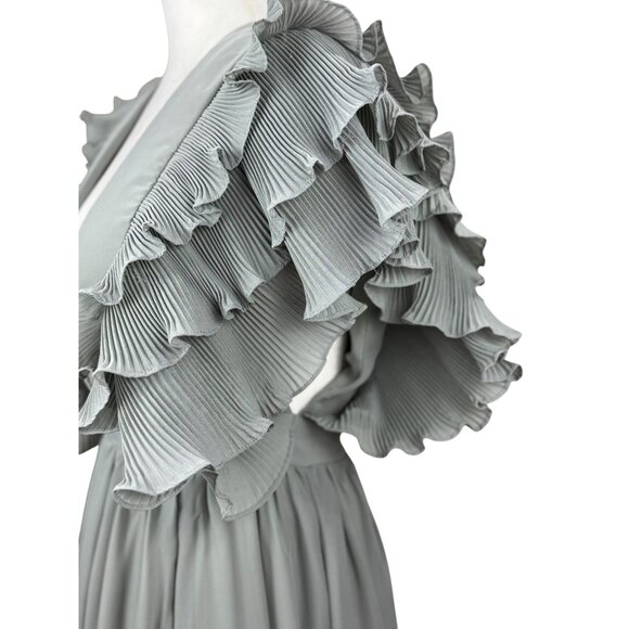 NEW TRUE DECADENSE Womens Sz 10 Gray Cap Ruffle Sleeve V-Neck Evening Maxi Gown - Picture 11 of 16